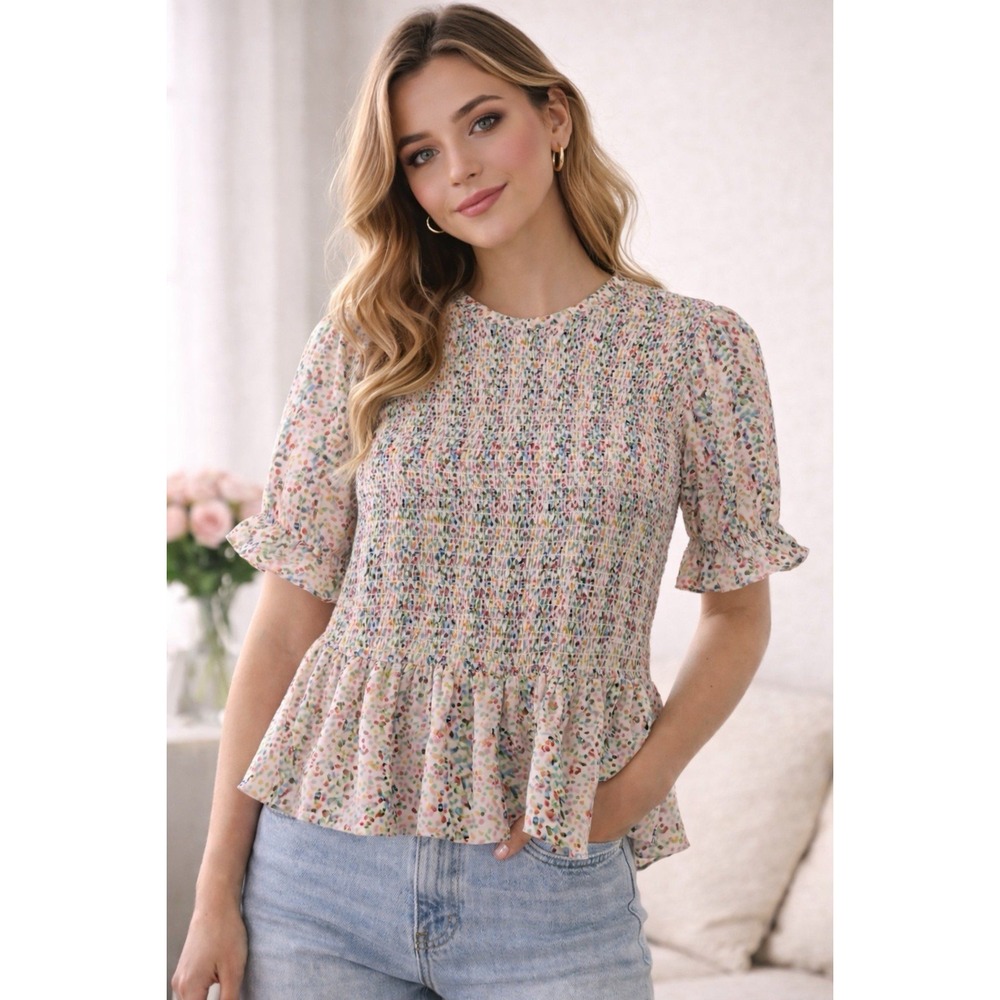 THML Smocked Peplum Top Size XS Floral Confetti Print Cottagecore‎ Coquette Cute